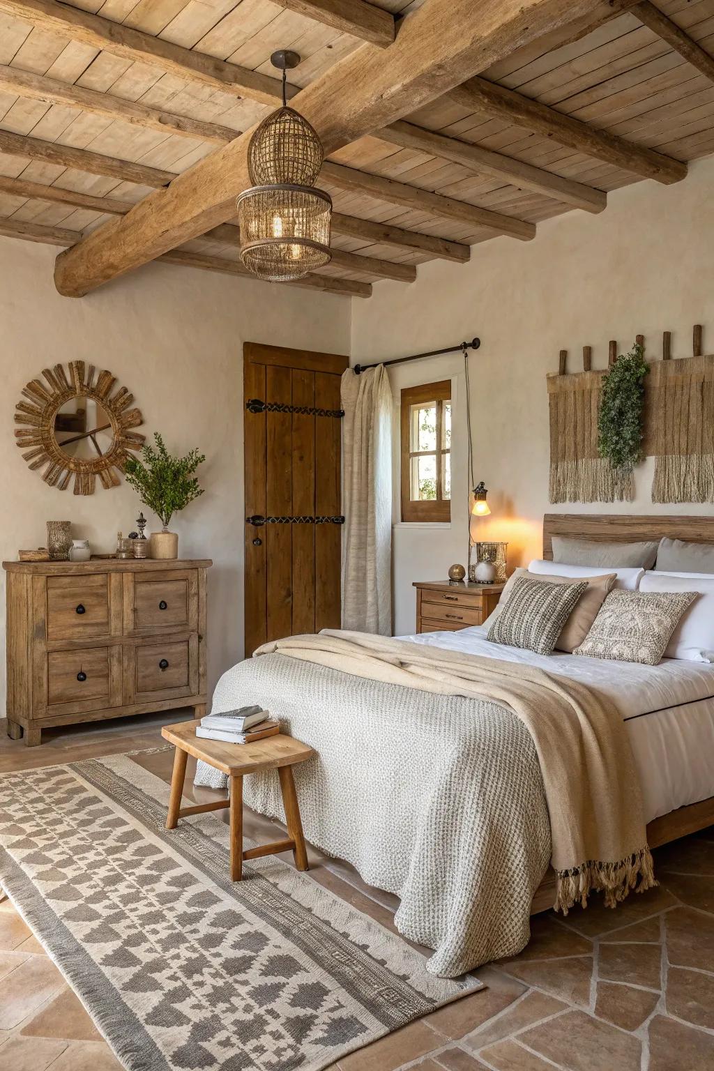 A rustic bedroom showcasing soothing neutral and earthy shades.
