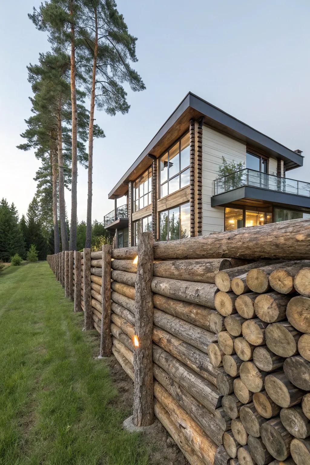 Upright logs form a striking and modern rustic fence, ideally matching modern building design.
