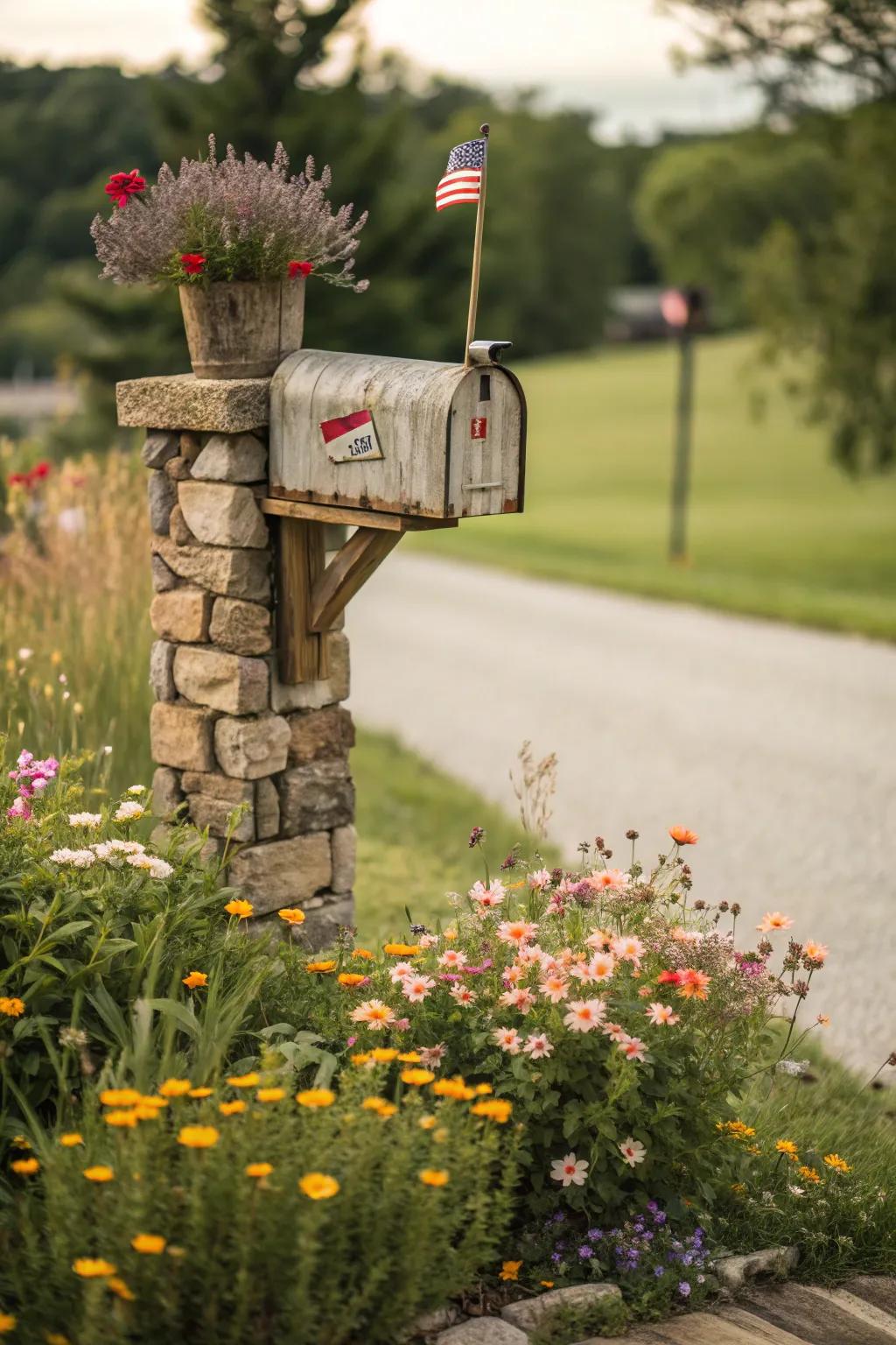 A stone foundation offers both firmness and flair to this rustic mailbox support.