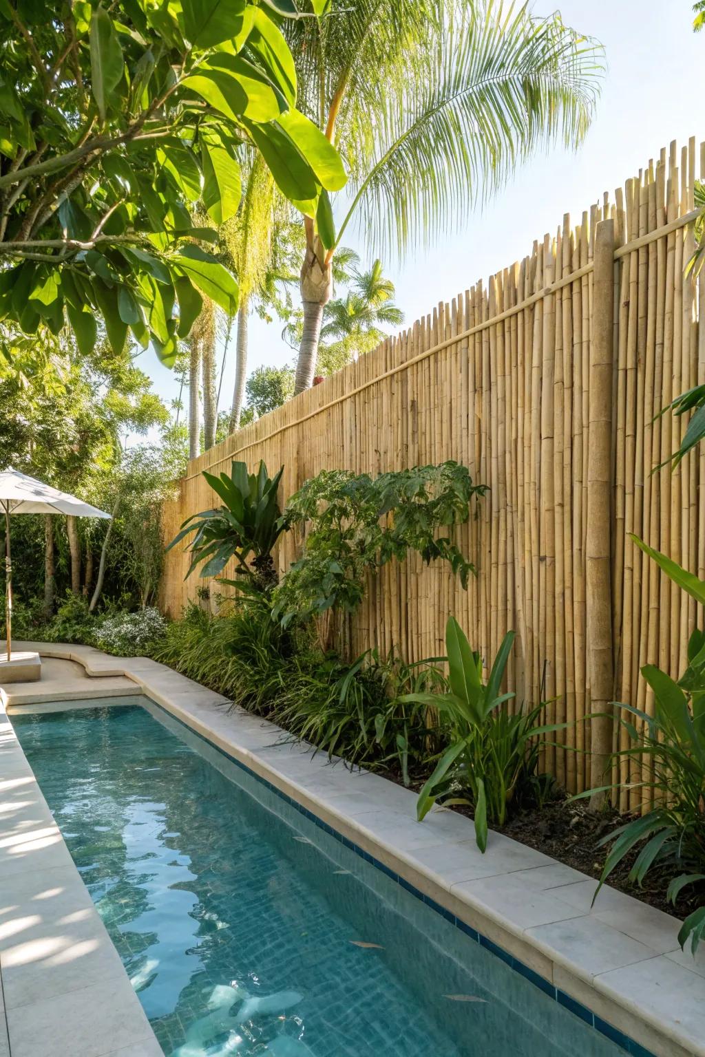 A cane fence delivers a tropical vibe surrounding the pool.