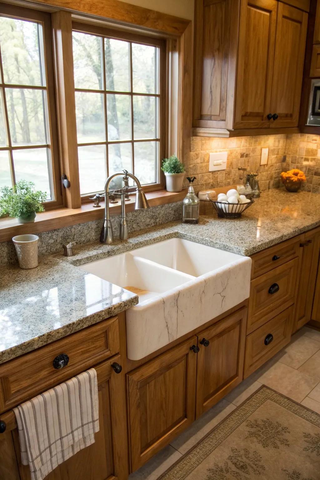 A quintessential apron-front basin serving as the focal point of a countryside kitchen.