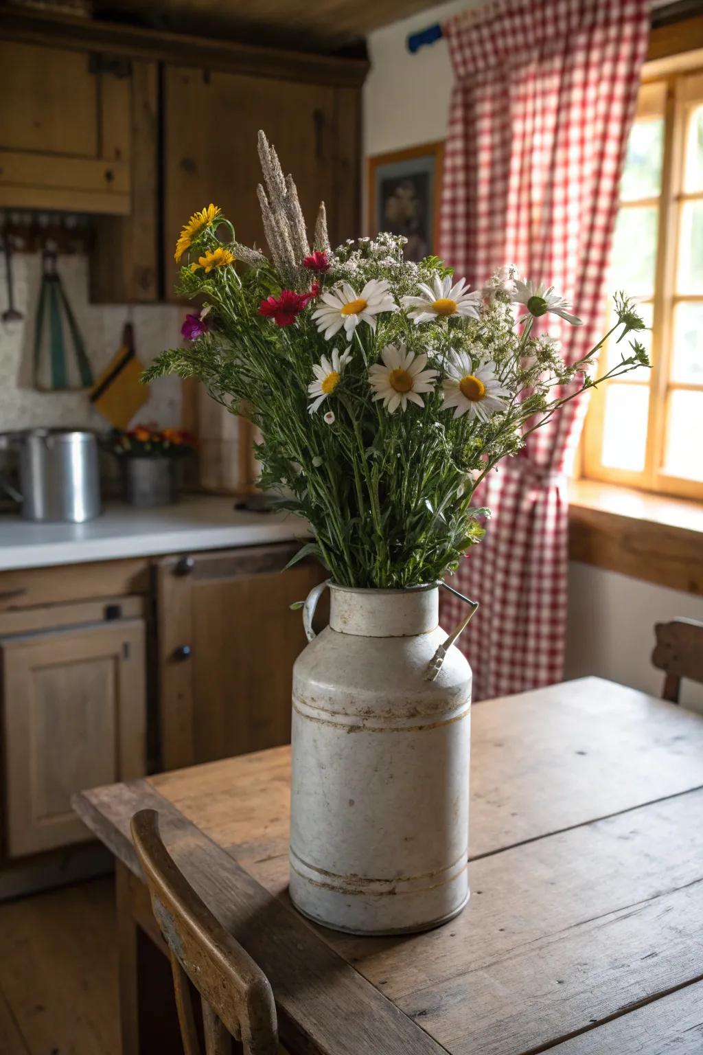 Retro dairy cans transform into distinctive and attention-grabbing vases.