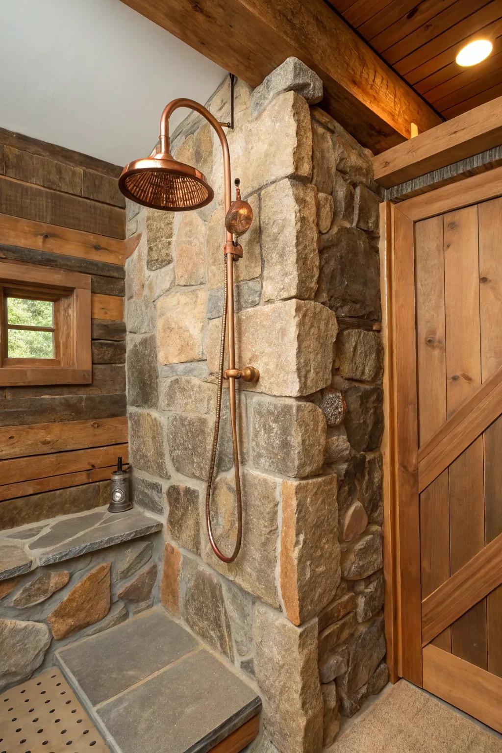 Copper fixtures integrate seamlessly with rustic materials.
