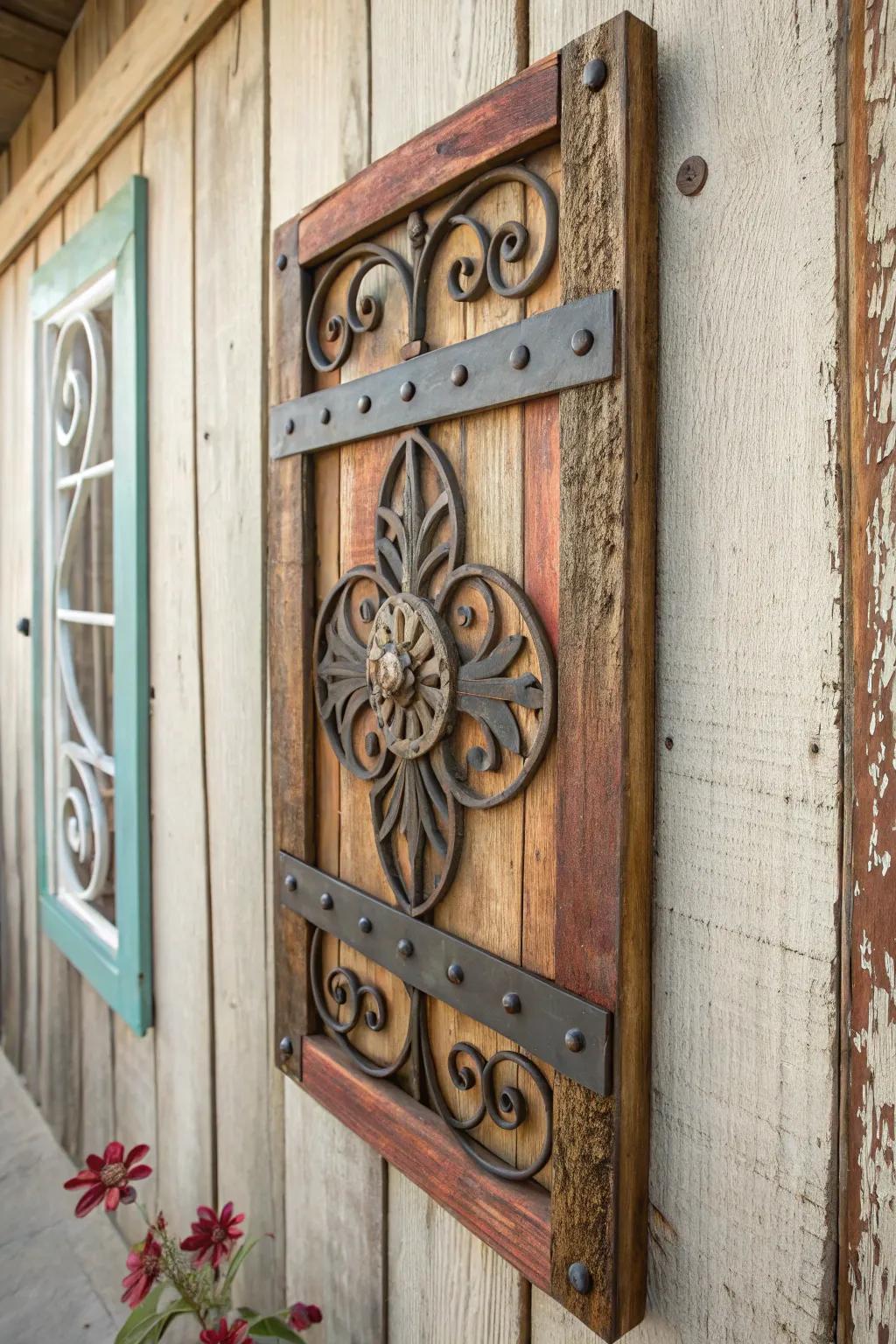 Country-inspired wall art featuring metal and timber components infuses charm and individuality to the decor.