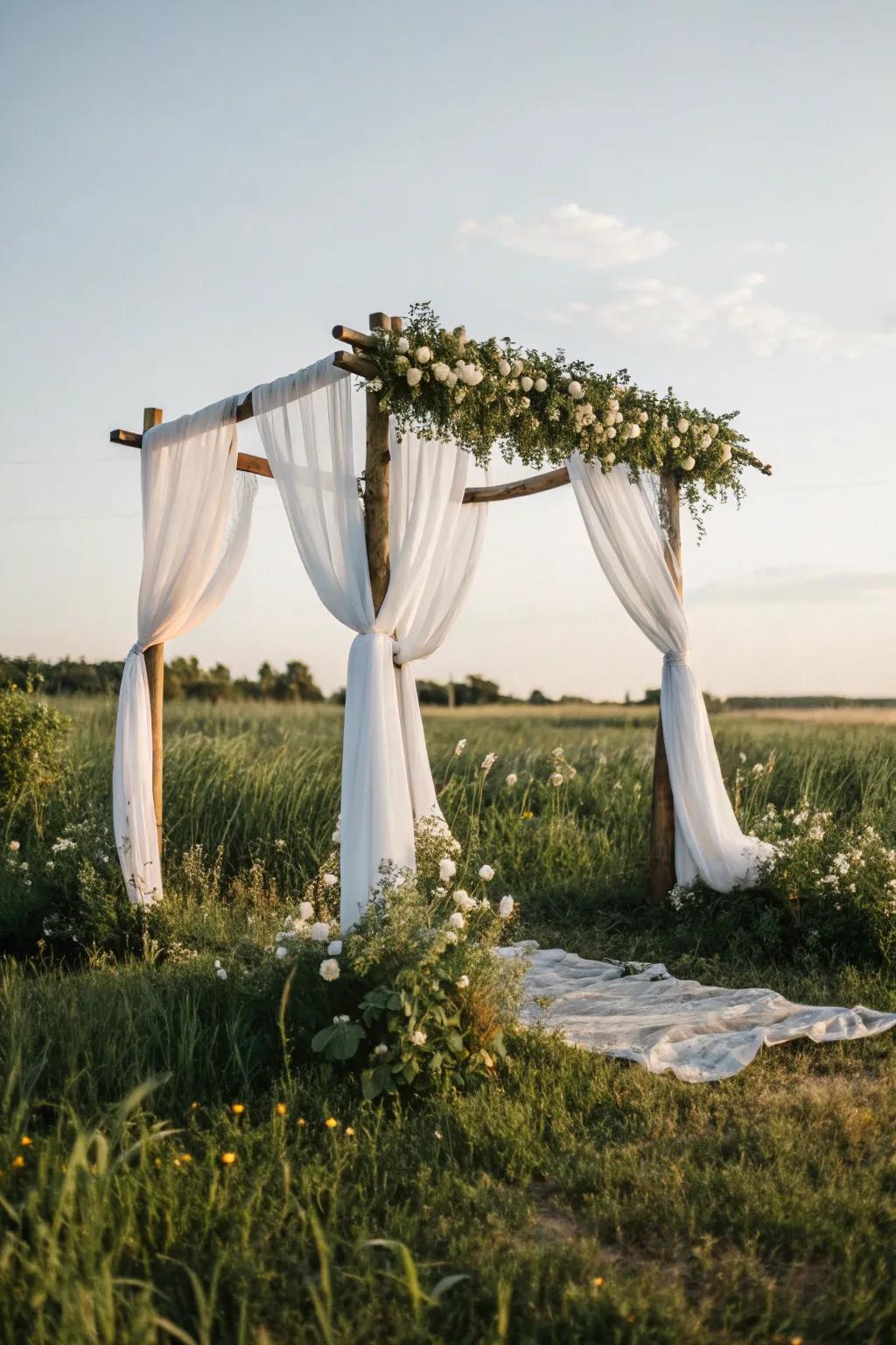 An elegant arch draped in delicate textile, ideal for a dreamy outdoor ceremony.