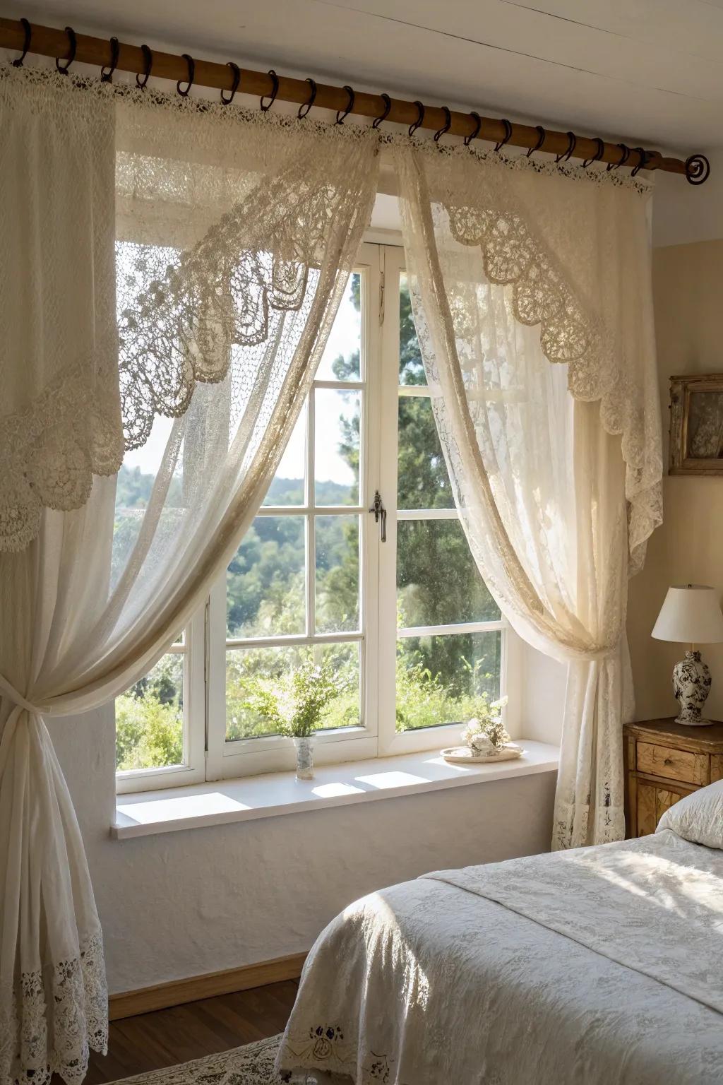 A serene sleeping quarters showcasing a netting and flax valance that delicately filters sun light.