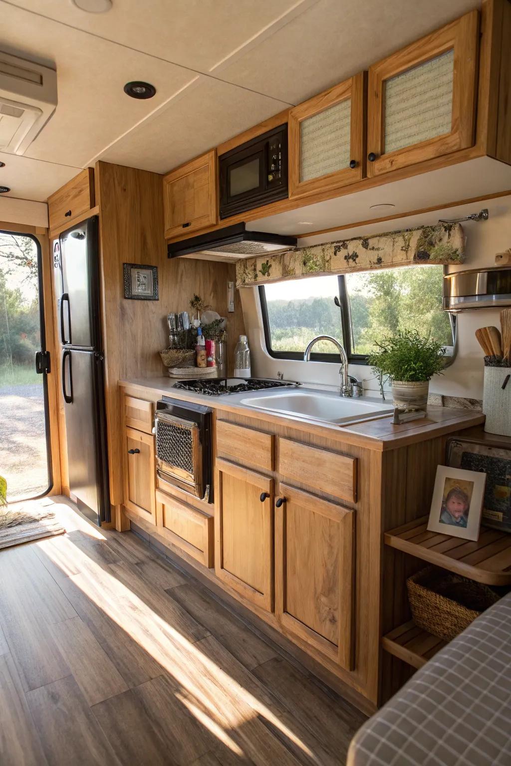 Natural timber tones bring warmth and comfort to this RV cooking area.