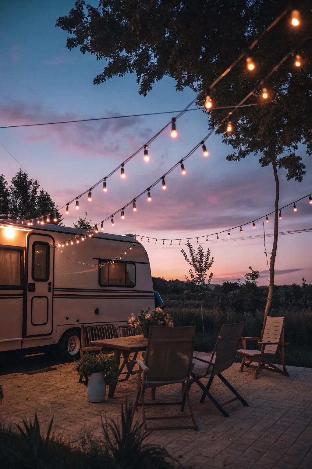 String lights create an enchanting evening atmosphere.