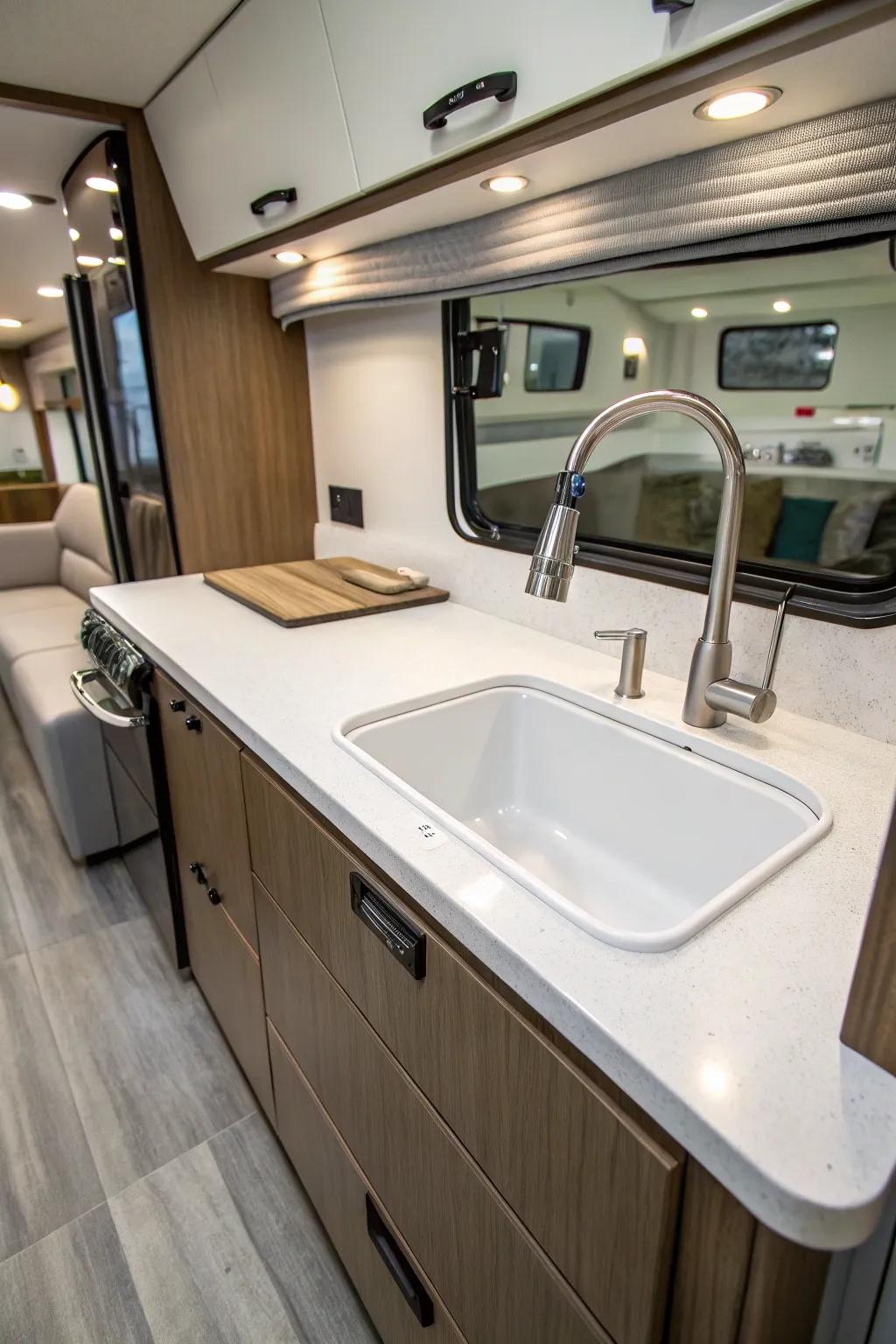 A unified sink and countertop delivering a seamless design.