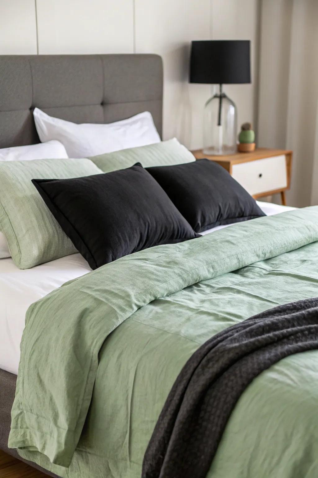 Coordinated bedding in sage, black, and white provides both relaxation and flair.