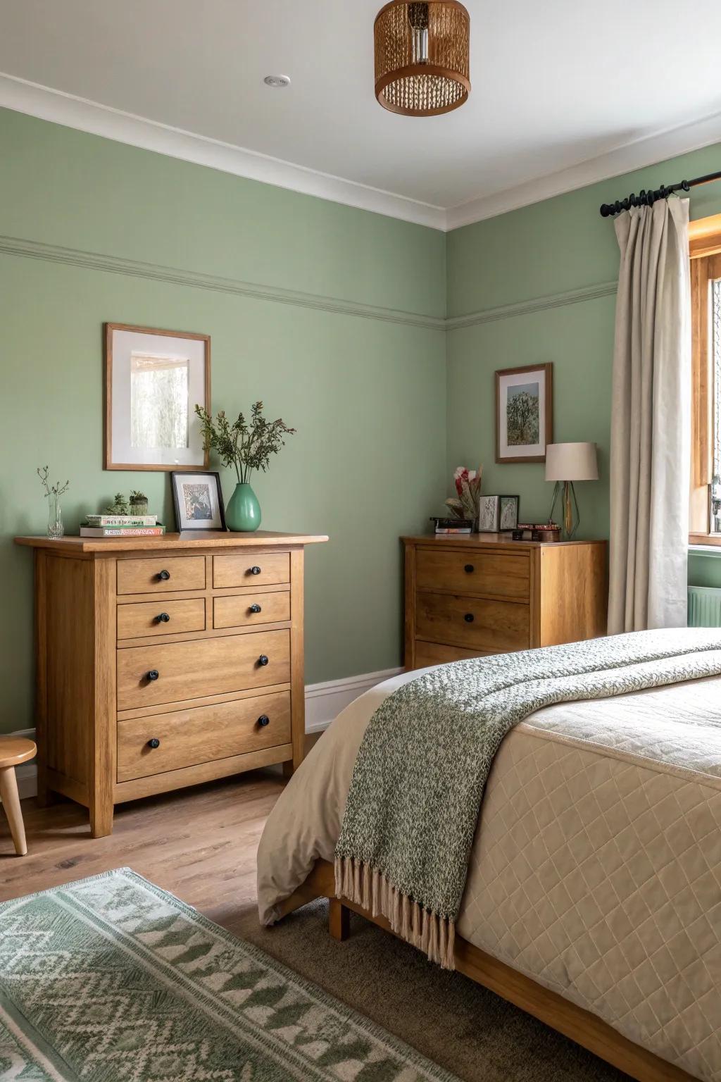 The partnership of sage green and natural wood crafts a warm, inviting bedroom retreat.