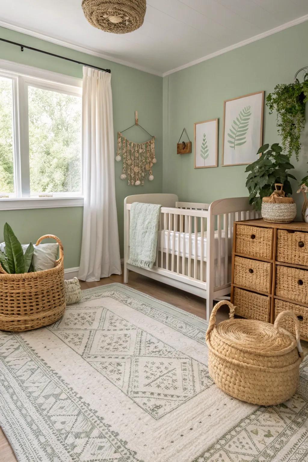 Textured decor lends warmth and interest to a verdant mist nursery.