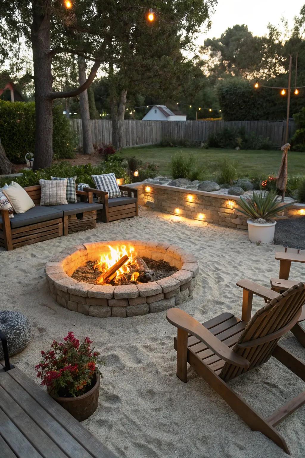 Enjoy the warmth around a cozy fire pit enveloped by sand.