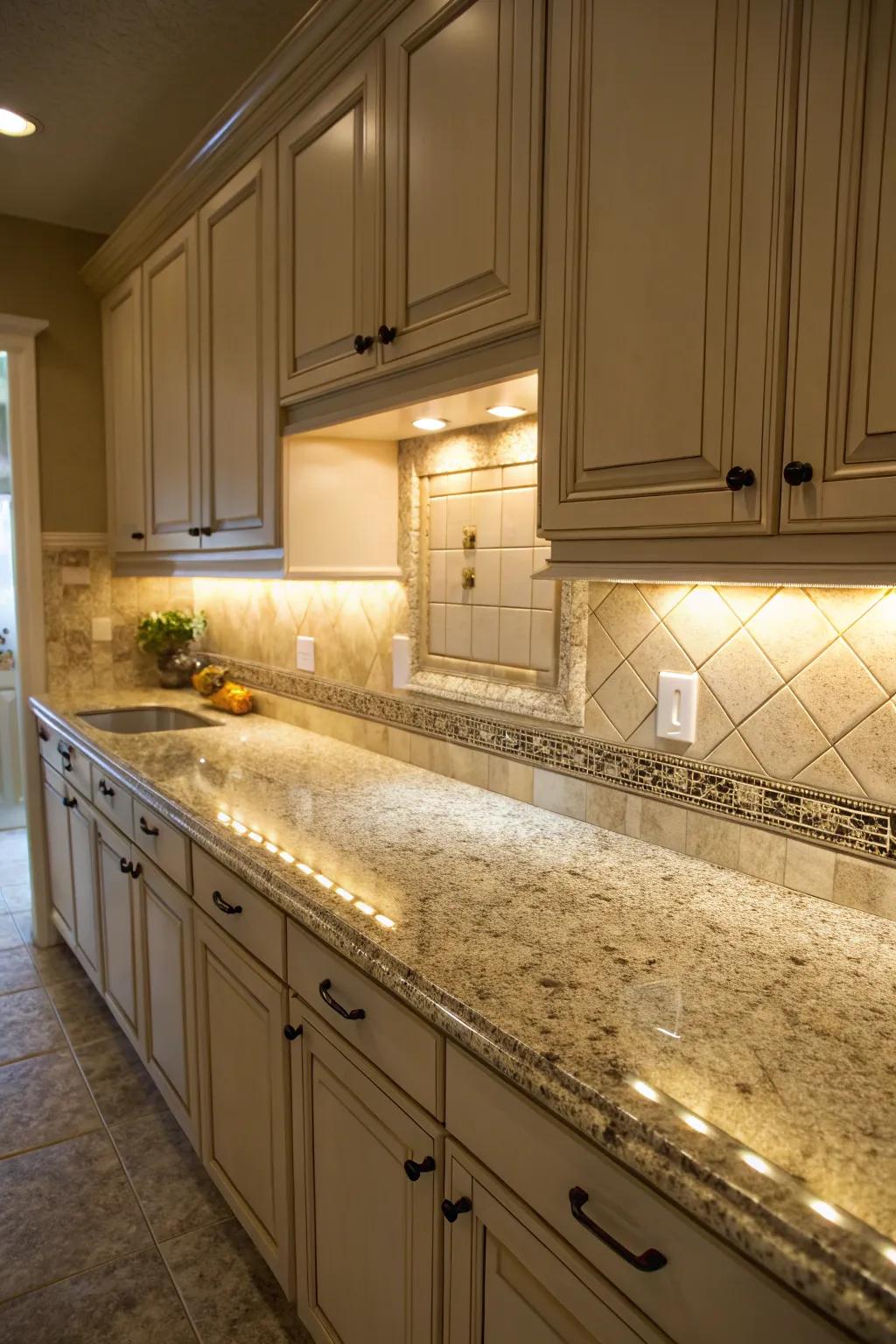 Undercabinet lighting highlights the inherent beauty of Golden Cascade granite.