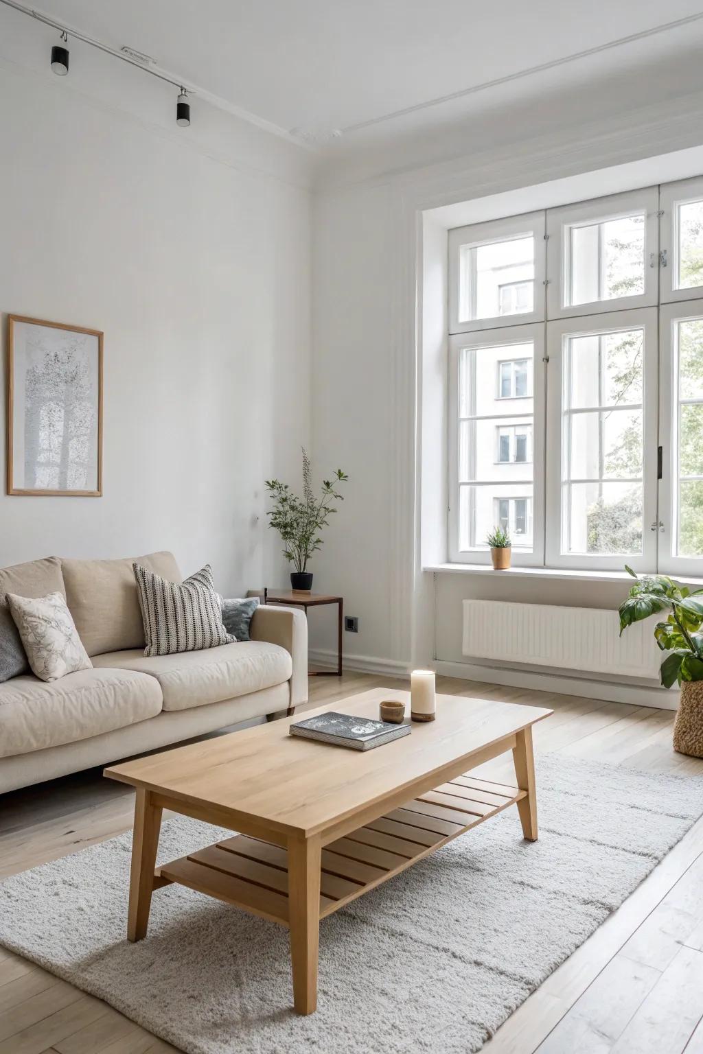 A minimalist design that highlights simplicity and practicality in a Scandinavian living room.