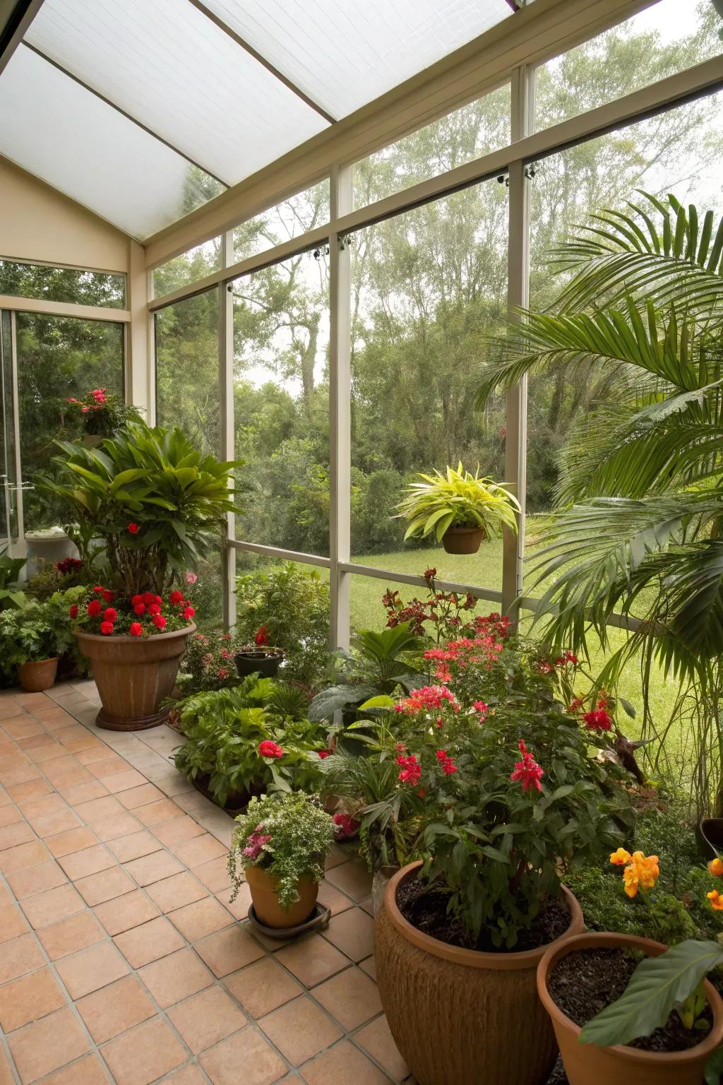 Green vegetation that is flourishing gives a screened lanai life.