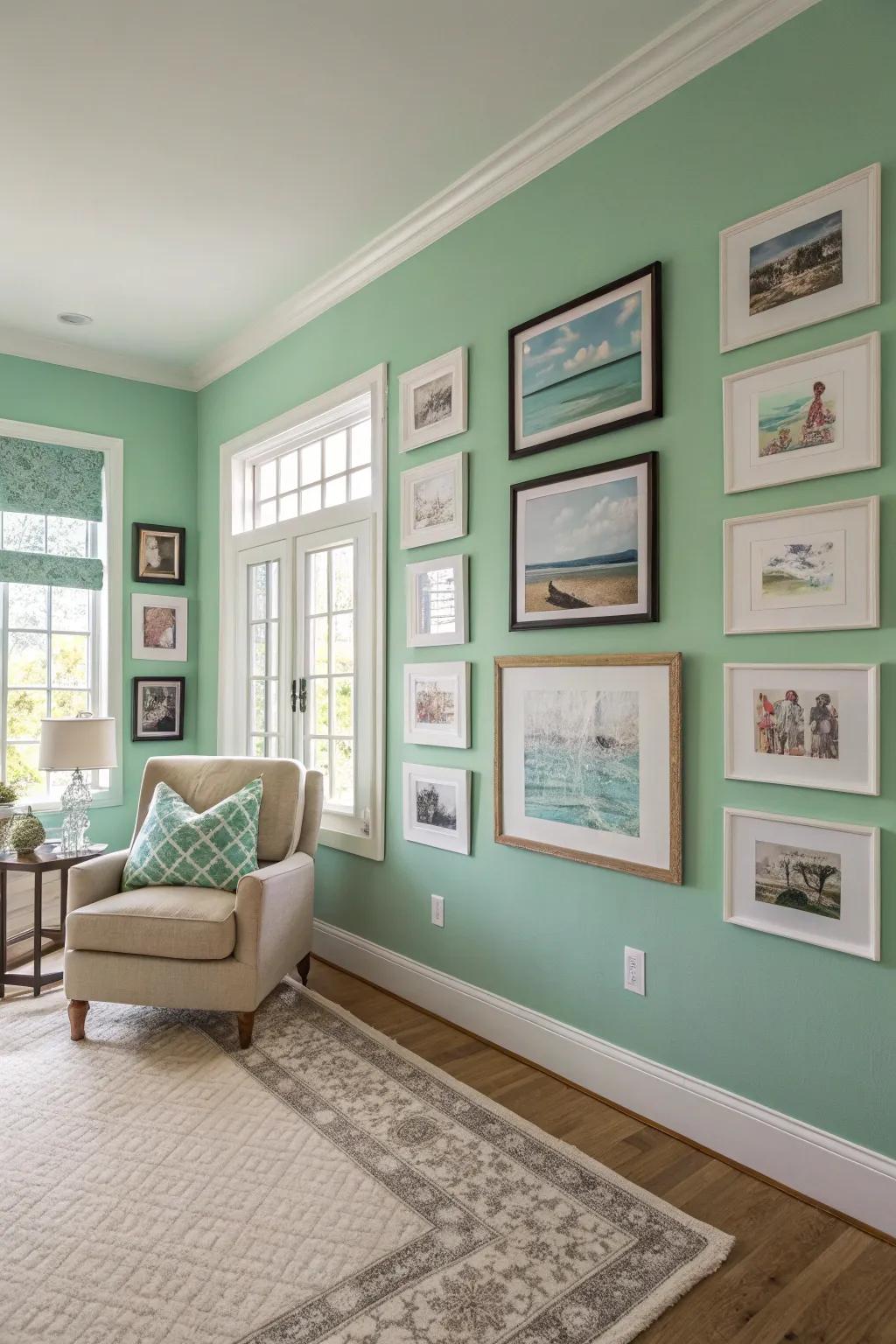 An arresting seafoam green accent wall within an imaginative and expressive setting.