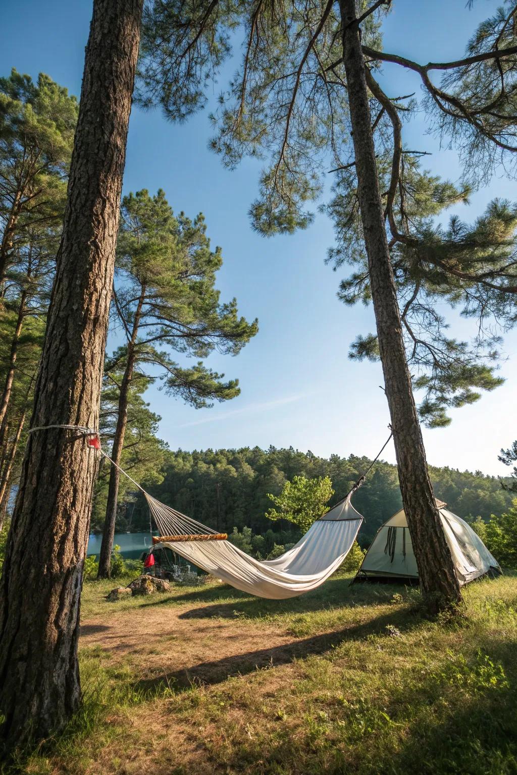 A hammock fashions an ideal repose point at your campsite.