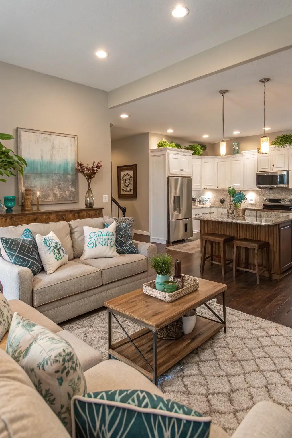 The matching color scheme seamlessly connects the kitchen and living area.