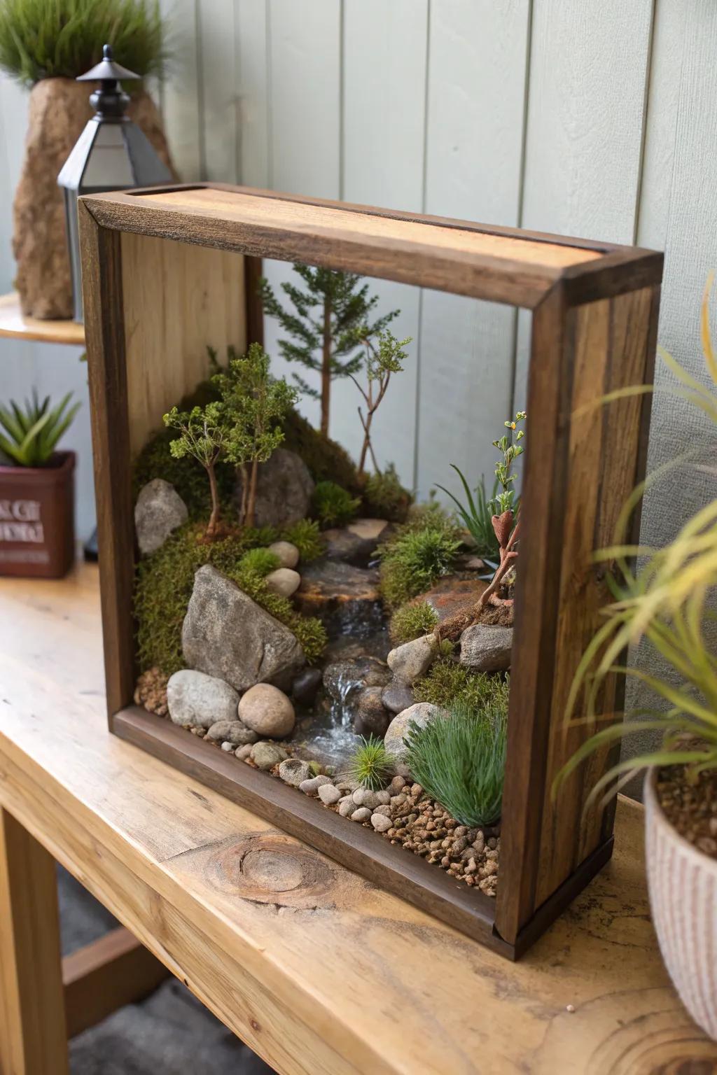 A scenic nature display bringing a fragment of the outdoors inside.