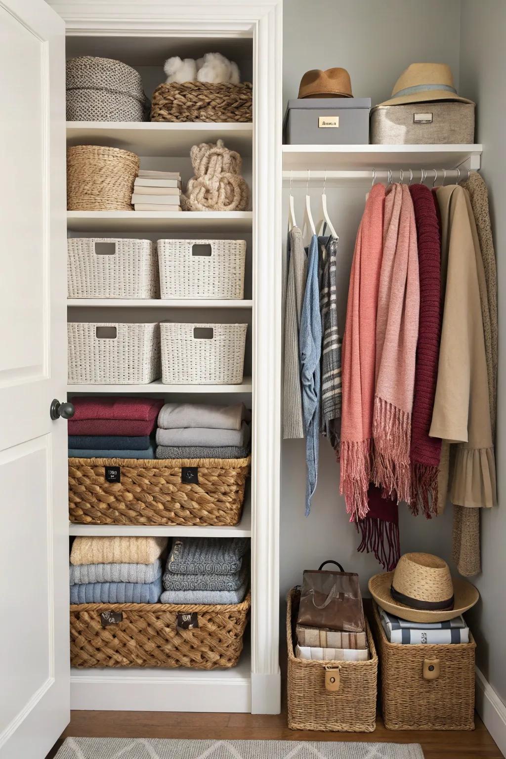 Woven containers and tubs neatly arranging accessories in a collaborative closet.