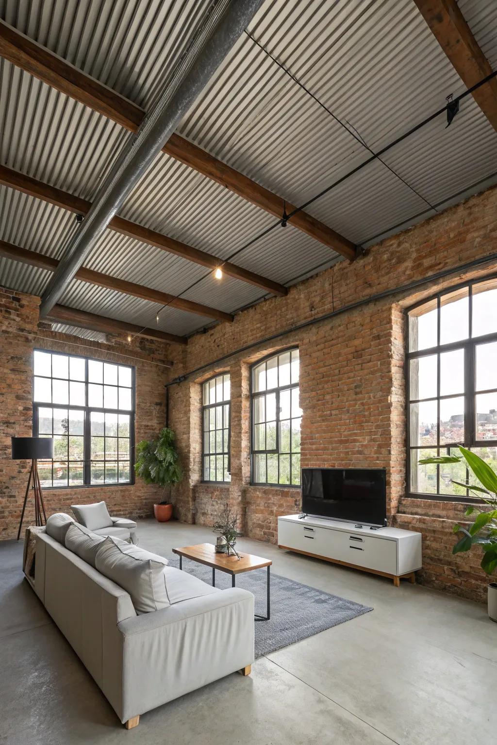 An industrial loft boasting a remarkable corrugated metal shed ceiling.