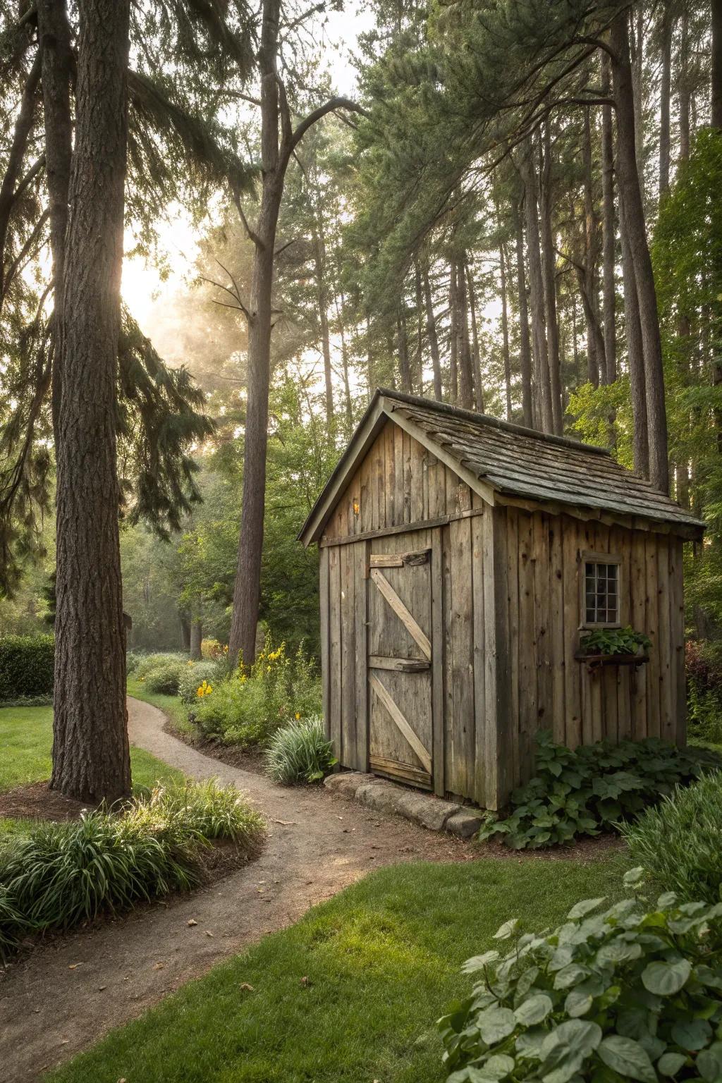 Rustic wood finishes introduce a hint of enduring appeal to your garden shed.