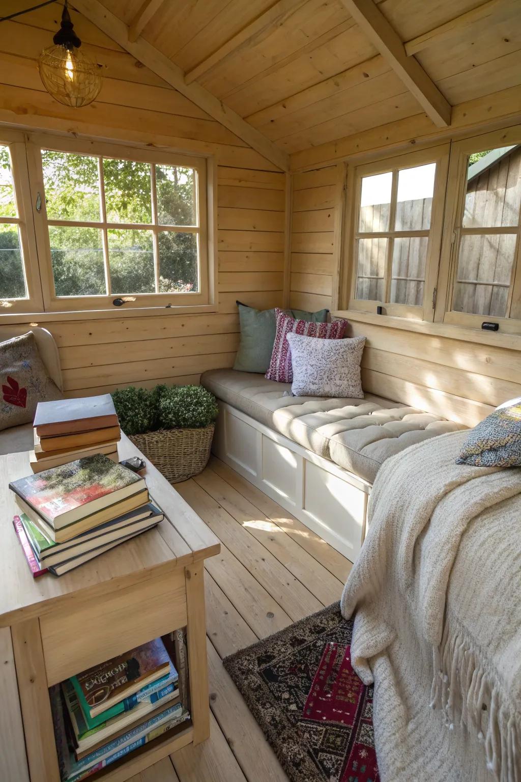 A cozy reading nook fashioned inside a garden shed.