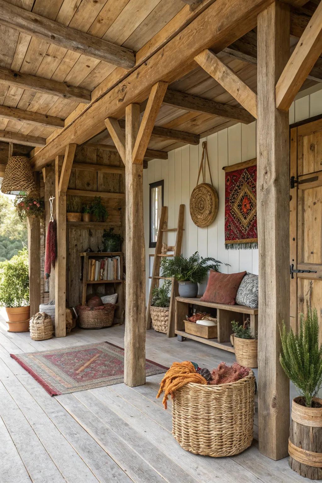 A countryside garden shed home interior with timber features and earthy decor.