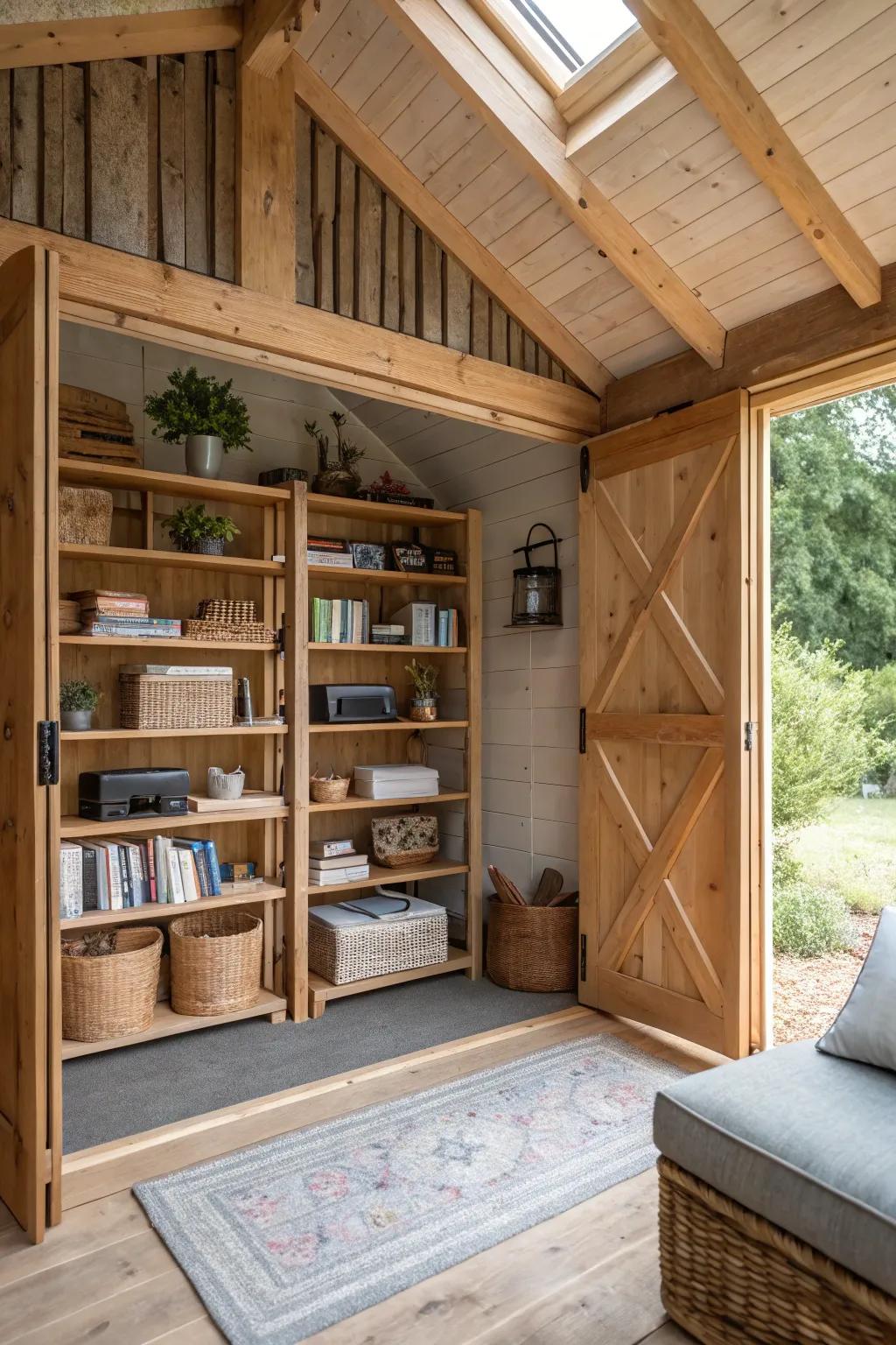 Open shelving provides an elegant way to divide areas while maintaining a connected atmosphere.