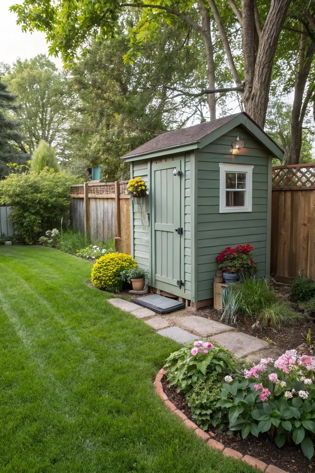 A corner shed maximizes yard space while remaining practical.