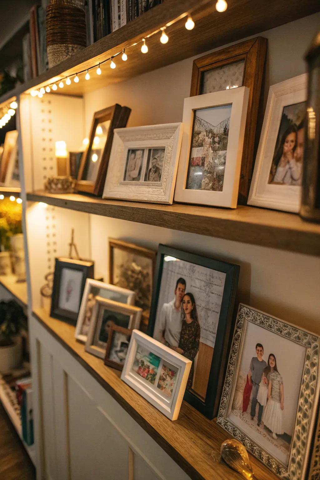 A shelf featuring framed family portraits and artistic pieces for a personal feel.