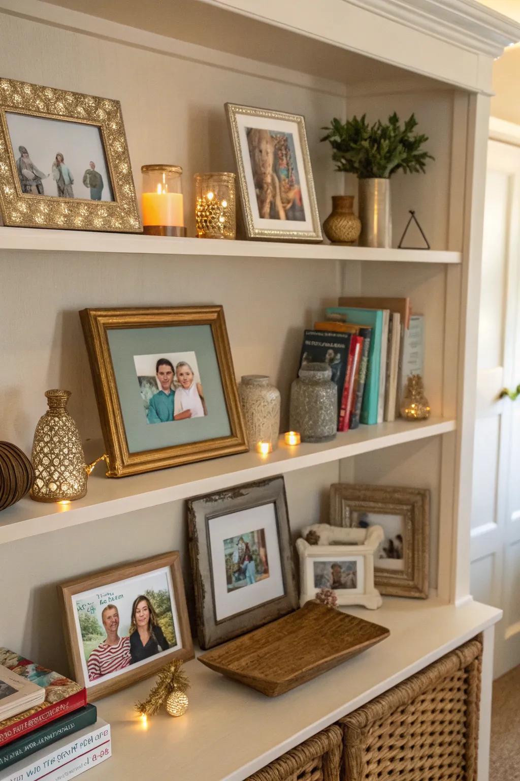 Encased family photos contribute a personal nuance to your display shelf presentation.