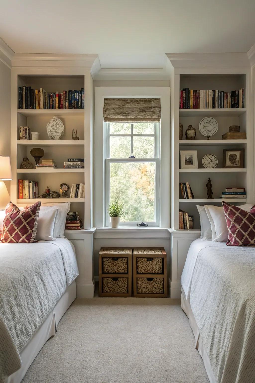 Symmetrical shelves create equilibrium and harmony in your area.