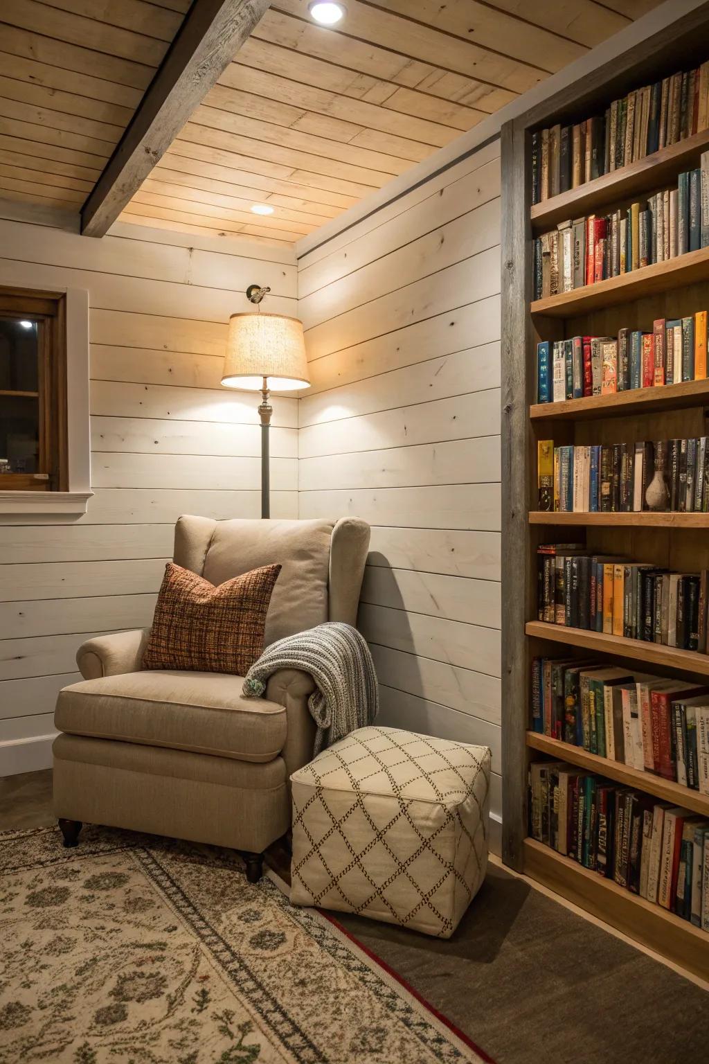 A grooveboard reading space in the basement, rounded out with a plush chair.
