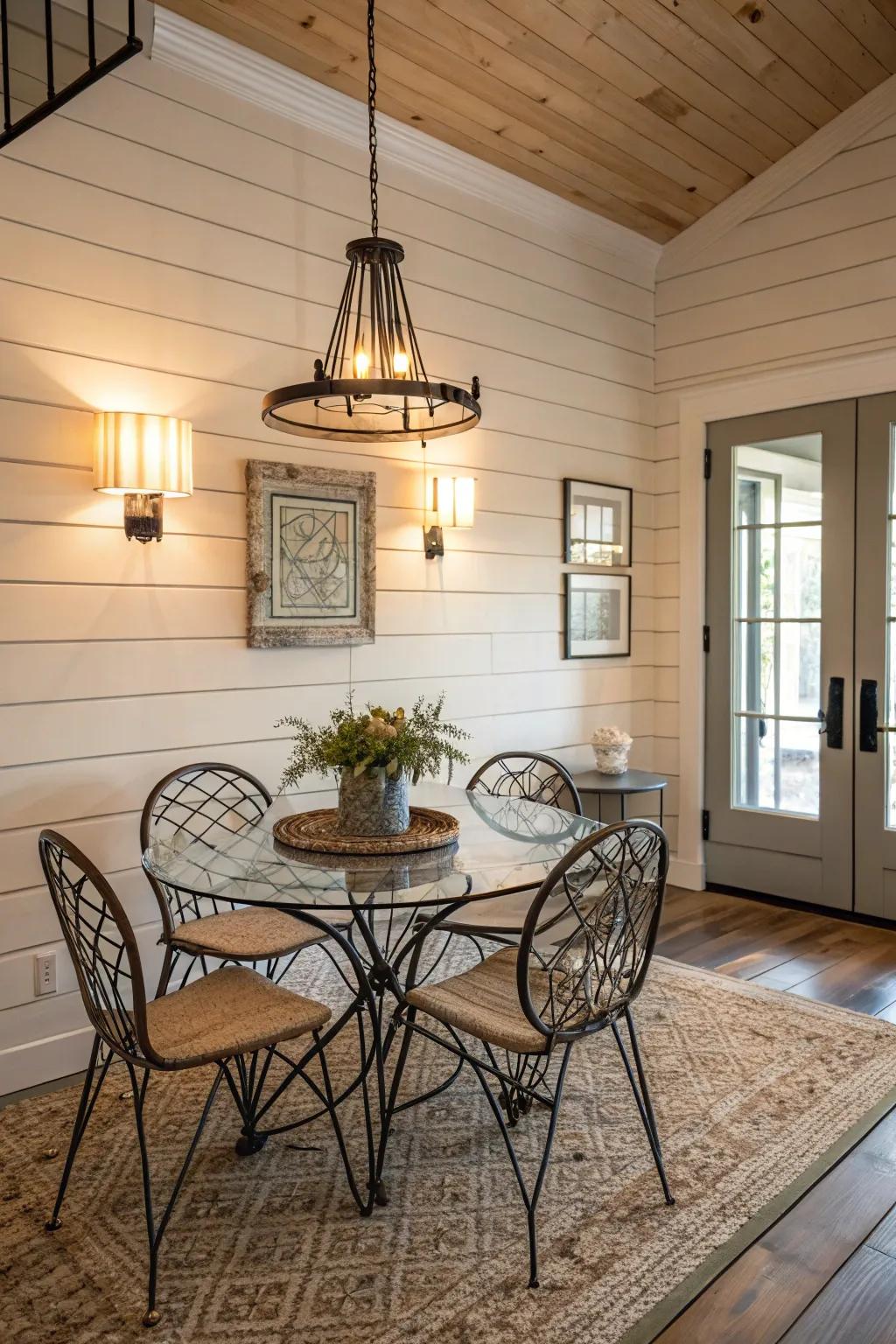 A dining area where modern features blend harmoniously with rustic shiplap walls.