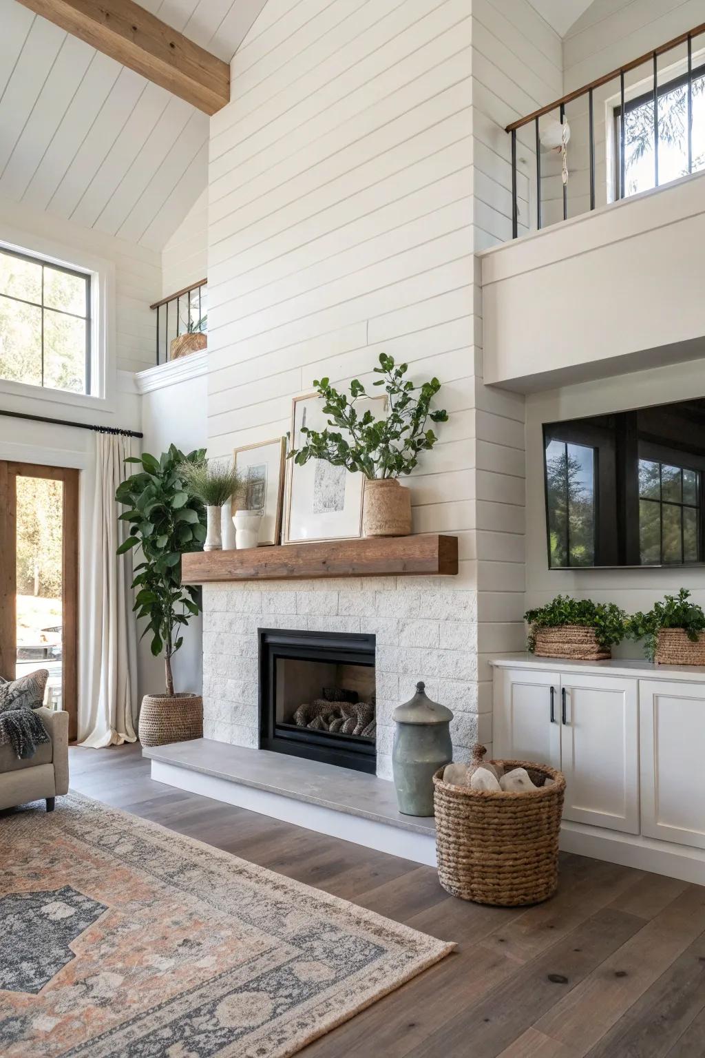 Vertical shiplap fireplace producing a striking and expansive impression.