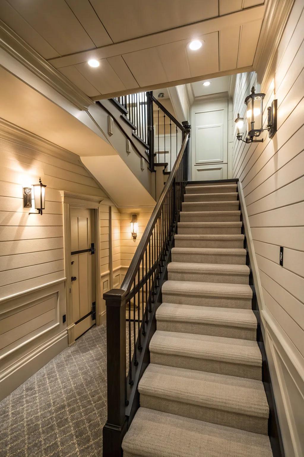 A continuous flow to the basement thanks to shiplap.