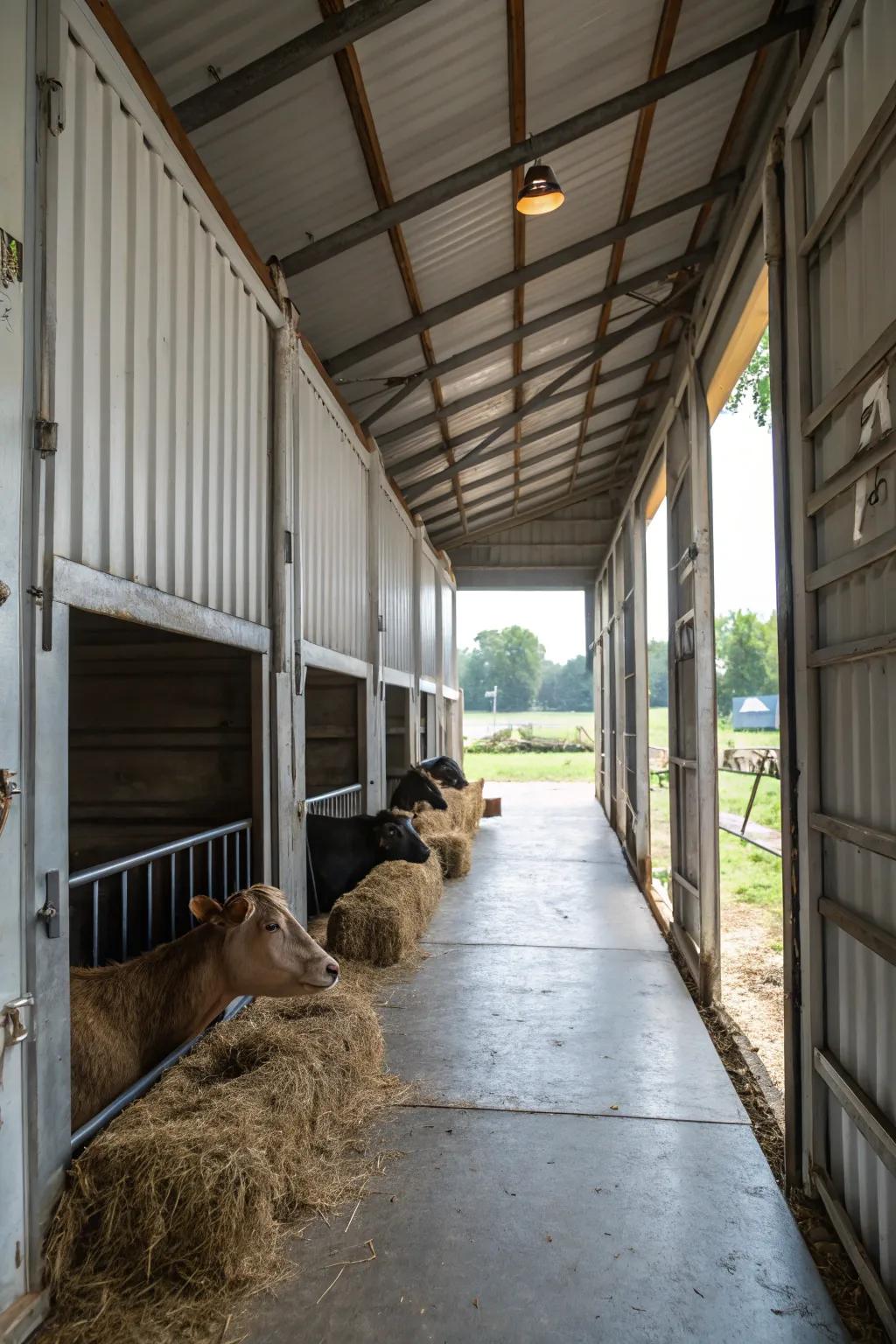 Happy livestock residing in a container barn filled with light.