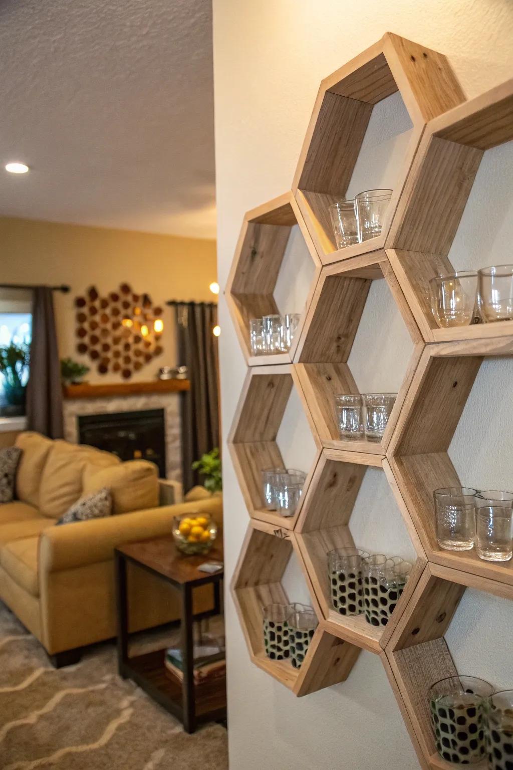 A lounge wall showcasing hexagonal platforms with shot glasses arranged in a honeycomb design.