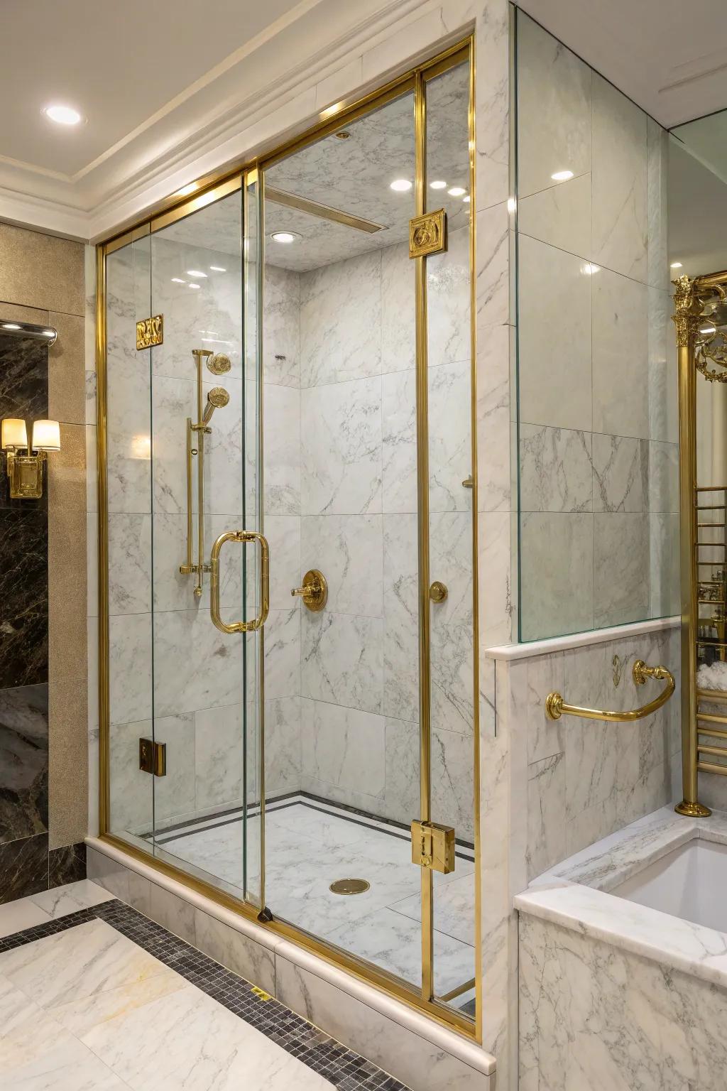 A shower boasting lavish marble tiles and golden accents.