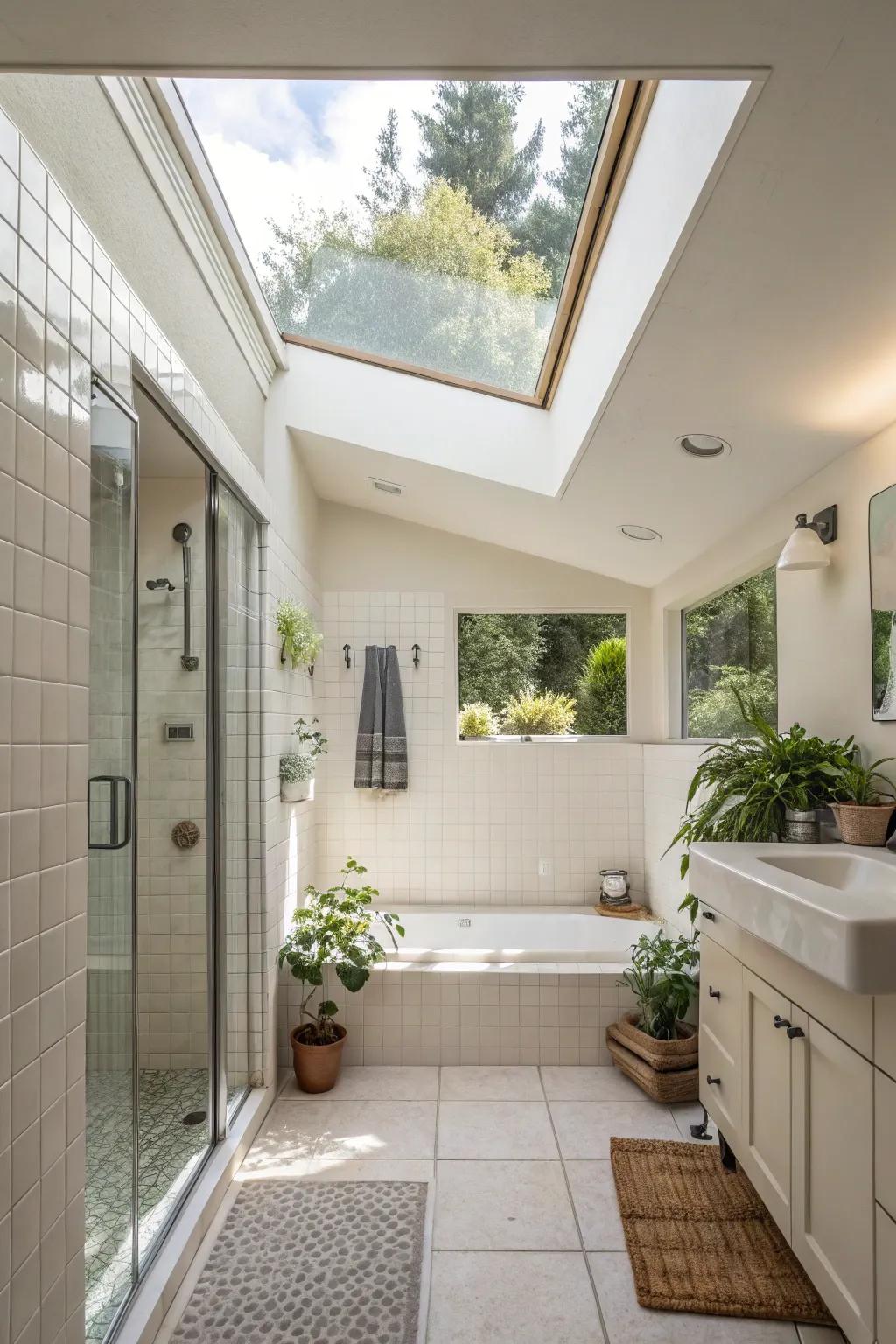 Skylights usher in a flood of natural light, enhancing the shower experience.