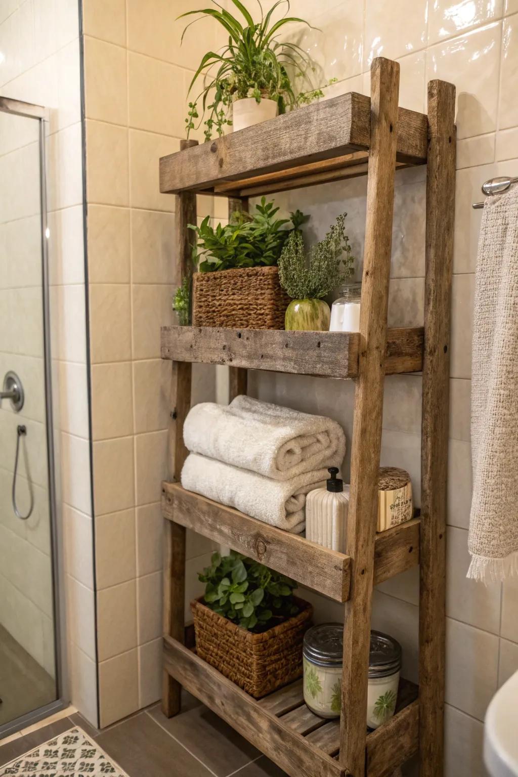 Rustic wooden shelves offer a warm and inviting touch to your shower.