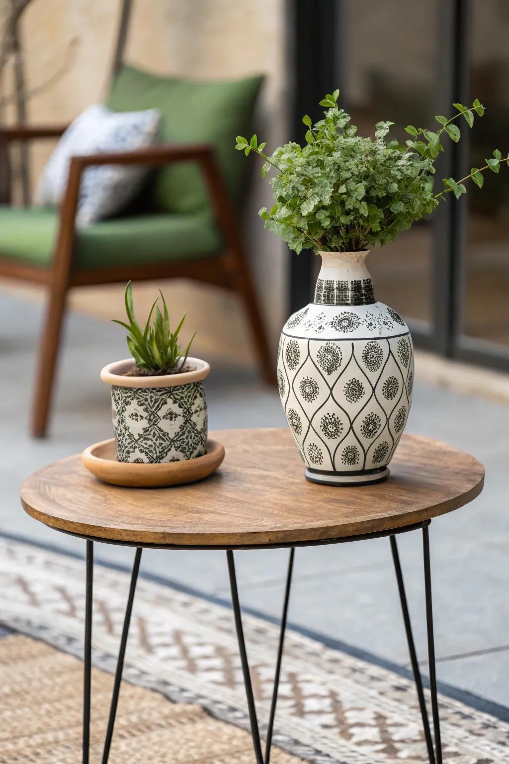 A revitalized side table complete with plants and decorative items.