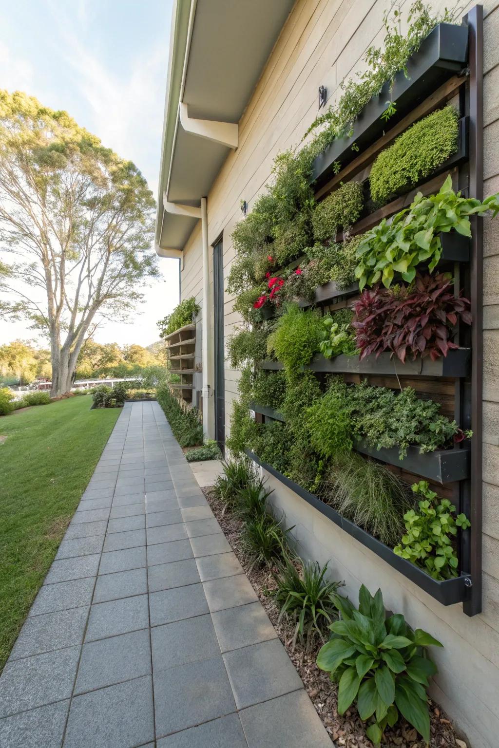 Enhance your side yard's green space with a stunning vertical garden display.
