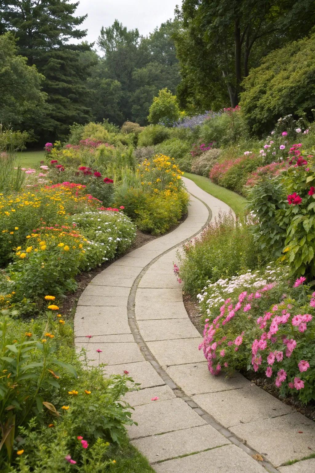 Curved walkways create a natural progression through the garden.