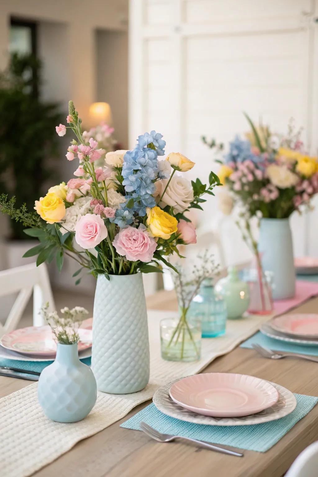 Soft pastel flower arrangements adding elegance and a natural element.
