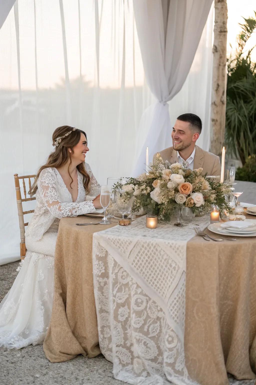 An image of the bride and groom's table adorned with refined, textured textiles in gentle, neutral shades.