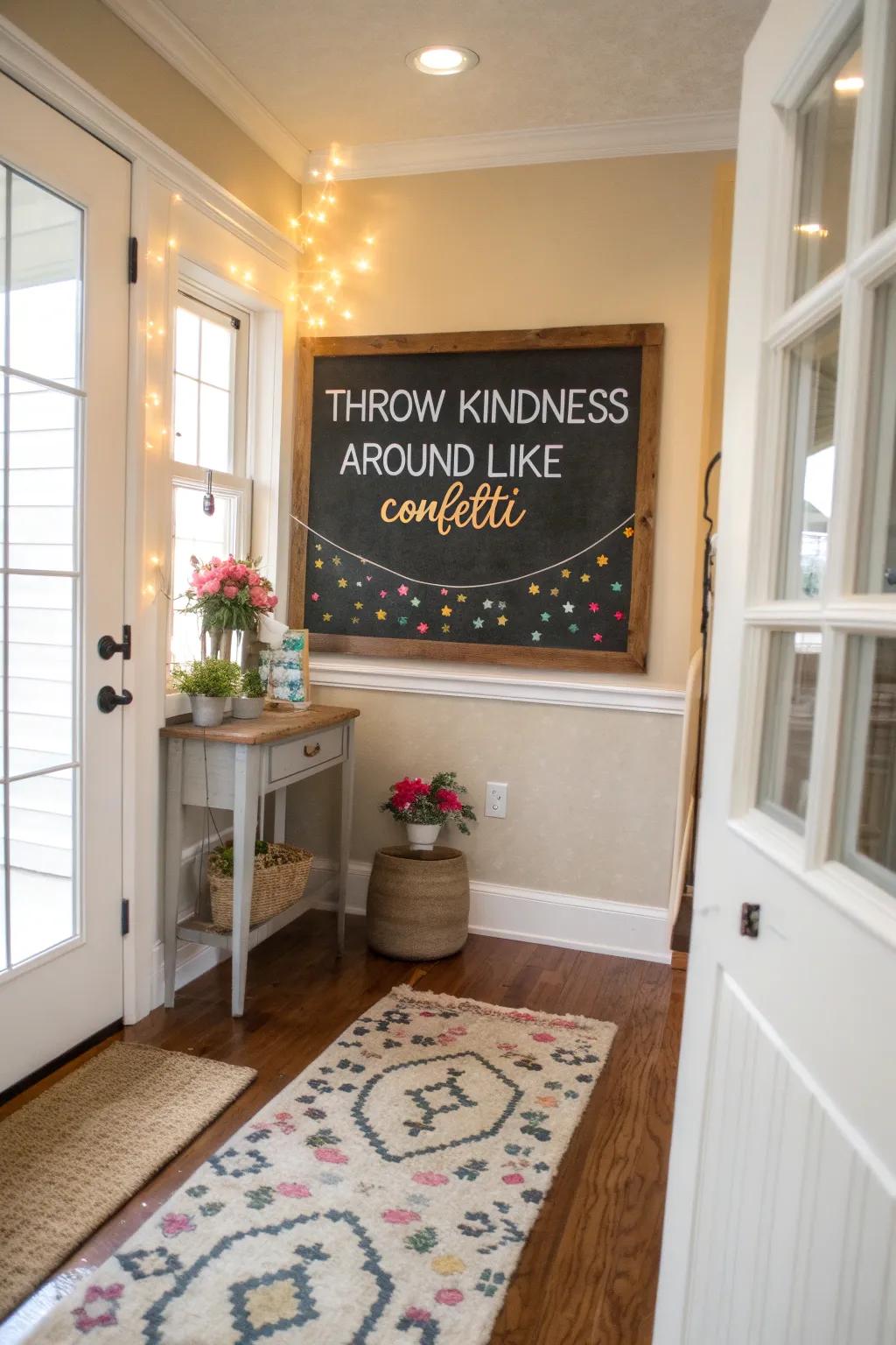 An entryway featuring a chalkboard quote centered around kindness.