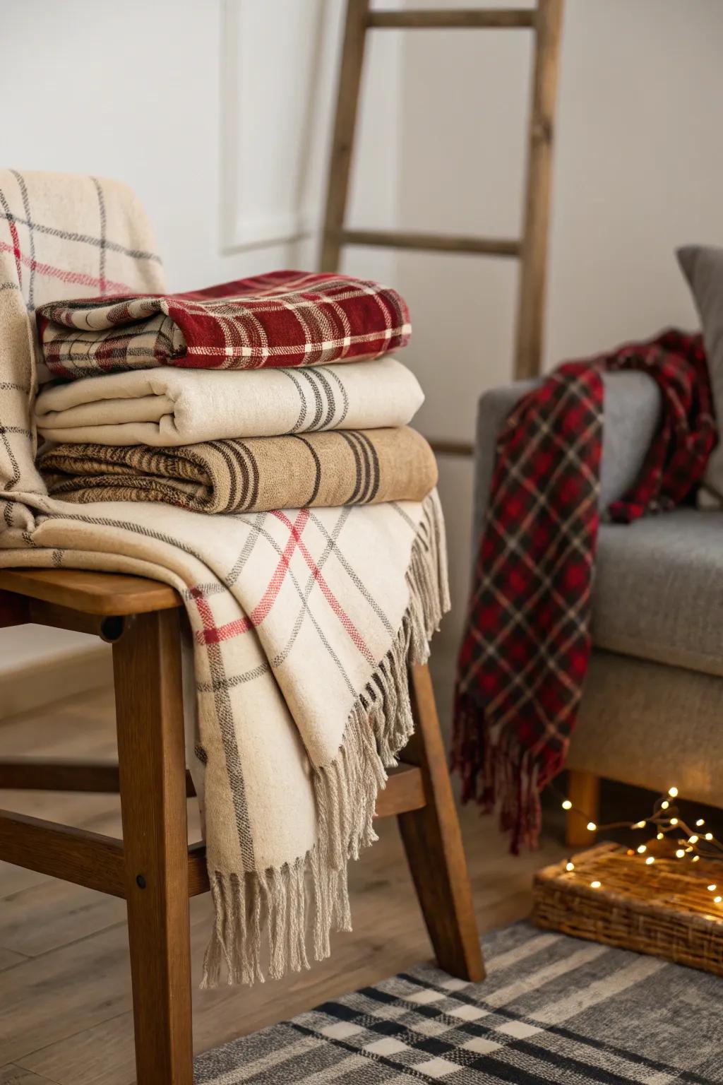 Comfortable fabrics introduce warmth to the autumn-themed arrangement.